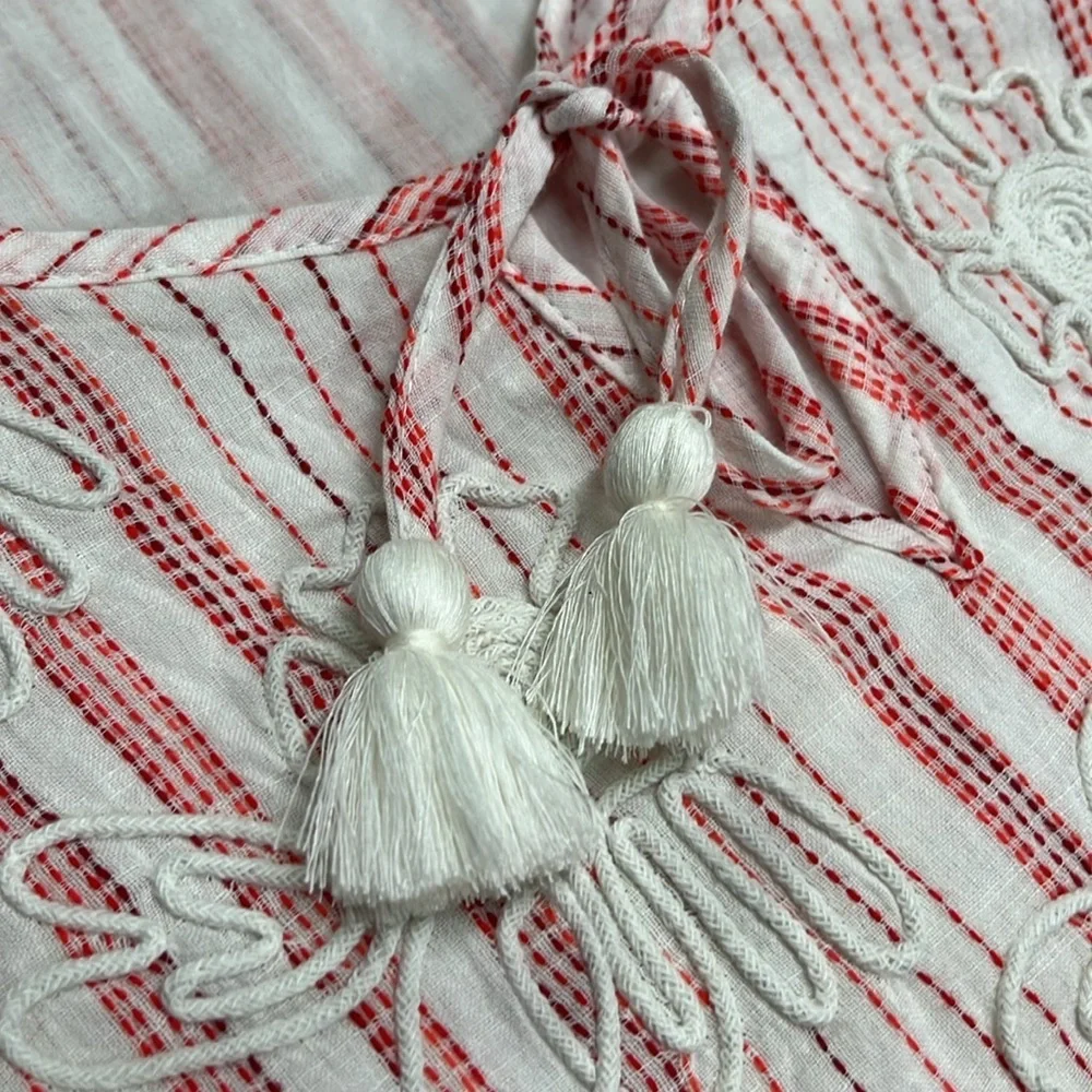 SOFT SURROUNDINGS Coastal Cottage Striped Embroidered Floral Tassel Tie Blouse M - Picture 5 of 16